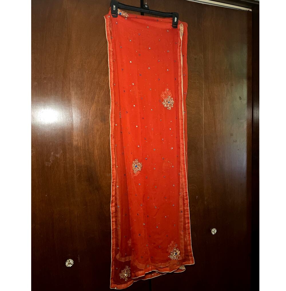 Chiffon Saree Dupatta Scarf Wrap Orange Gold Embroidered Sequins Beaded 84"x45"~